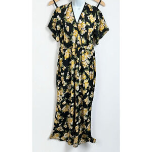Xhilaration Pantsuit Sz XL V-Neck Wide Leg Black Yellow Floral Flutter Sleeves